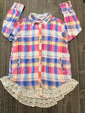 Umgee Pink Blue Plaid Button-Up Shirt with Pockets &  Laced Bottom